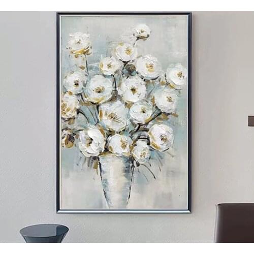 100% Hand-Painted Oil Paintings White Flowers Abstract Hand Made Painting Wall Pictures Canvas Mural Bedroom Large Size No Frame