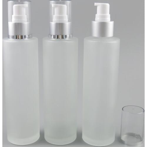 150ml Empty Frosted Round Glass Lotion Bottle with Silver Pump 150cc glass frostl cosmetic bottle for liquid 6PCS