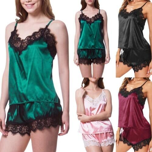 2Pcs/Set Lady Sexy Lace Imitation Silk V Neck Pajamas Shorts Sleepwear Nightwear