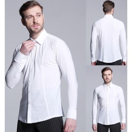 2018 New Men Latin Dance Shirts Long Sleeve Competition Performance Wear 5 Color Turn Off Collar
