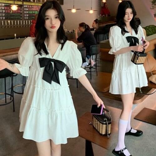 83319# Maternity Clothes Summer Short Sleeves Easy Matching Loose Bow Knot Decoration Dress Pregnant Women Mom Dress