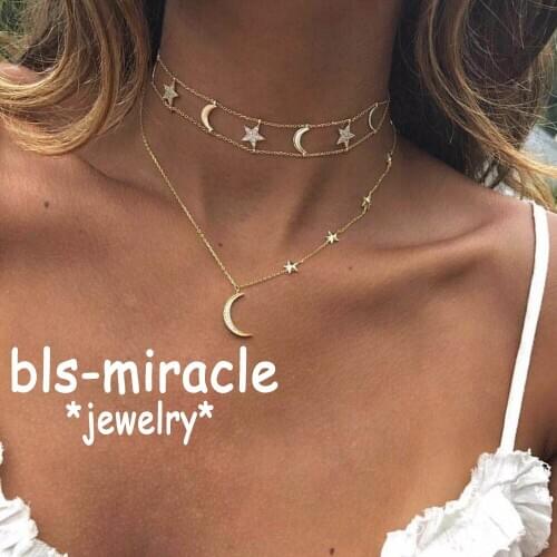 Bls-miracle Bohemian Month Stars Multi layer Necklaces For Women Gold Color Long Moon Crystal Pendant Necklace Collar Girl Party