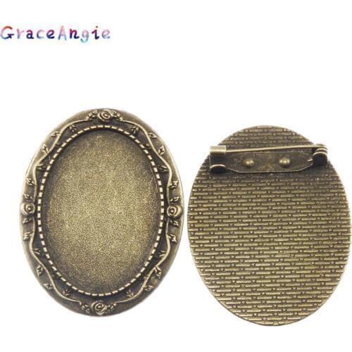 GraceAngie 5PC Antique Bronze Brooch Base 35*25mm DIY Jewelry Finding Metal Alloy 39*48mm Fit 30*40mm Dia oval Cabochon Brooches
