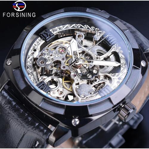 Forsining Classic Men Mechanical Watches Black Transparent Square Dial Automatic Male Wristwatch Leather Strap Relogio Masculino