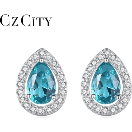 CZCITY Stud Earrings for Women Blue Tear Gemstone 925 Silver Fine Jewelry Dating Birthday Christmas Gift Boucle D’Oreille SE626