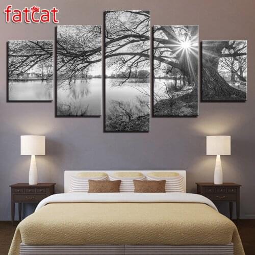 FATCAT 5 Piece Diy Diamond Painting Lakeside Big Trees Paintings Black White Landscape Diamond Embroidery Sale Decor AE896