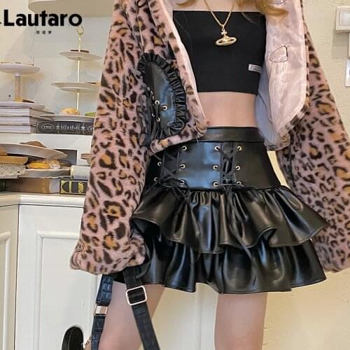 Lautaro Lace up short black leather skirt women high waist Mini tiered ruffle skirt Plus size vintage gothic faux leather skirts