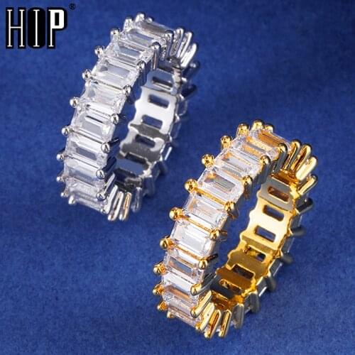 Hip Hop 1Row Square Iced Out Bling Cubic Zircon Charm Baguette Round Ring Mens CZ For Men Jewelry Size 8-11
