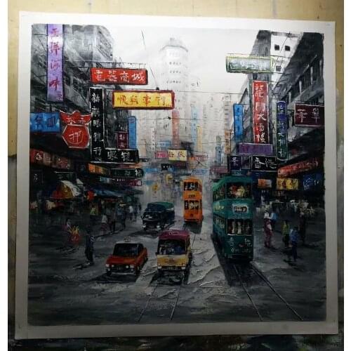 Original Artwork High Quality Abstract Knife Painting- Hong Kong Street Double-decker Bus Building Art Hand Painted on Canvas