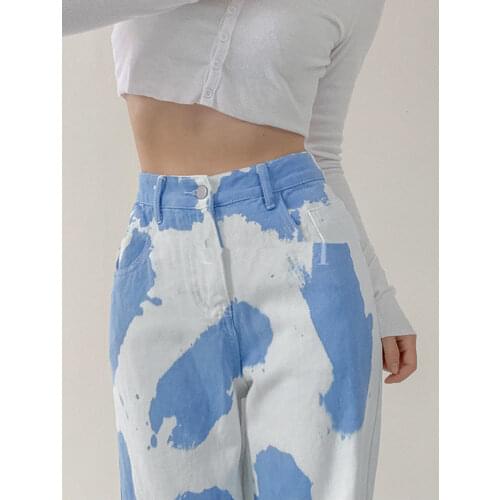 Tie-dye Sky Blue Denim Straight-leg Pants Womens Loose High-waisted Thin Wide-leg Trousers Woman Pants Plus Size Jeans