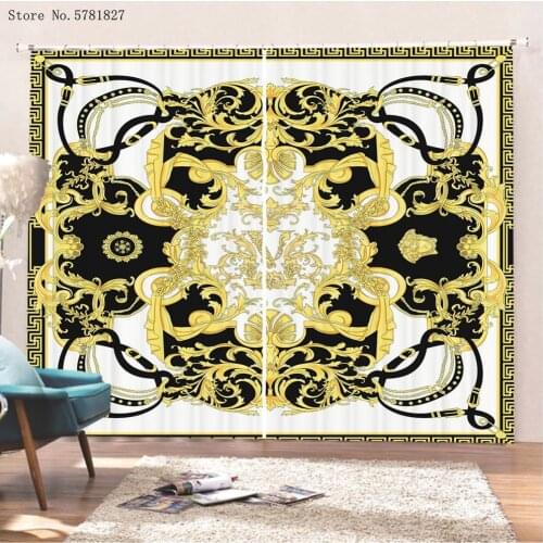 European Pattern Window Curtains 2 Panels Golden Flower Chain Window Treatments 3D Print For Bedroom Home Textile Window Drapes