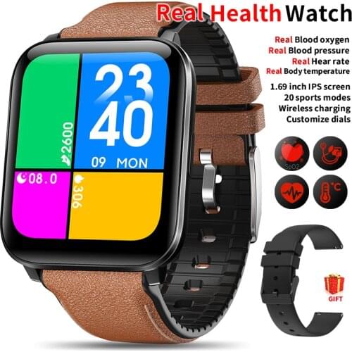 2021 Real Smart Watch Men Women 1.69inch Body Temperature Blood Pressure Blood Oxygen Fitness Tracker IP68 Waterproof Smartwatch