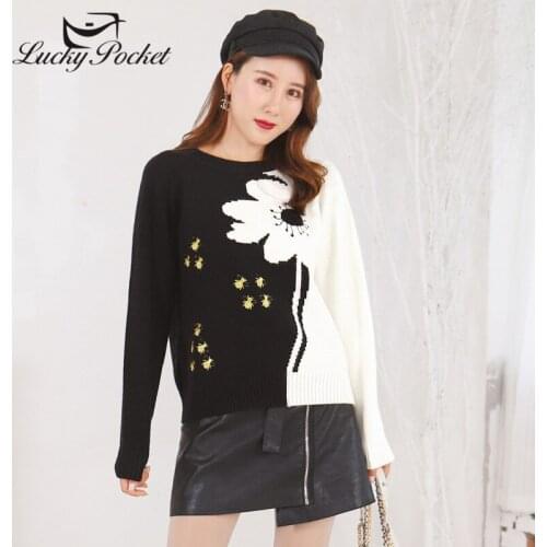 Women Spirng Fashion New O-Neck Pink Sweater Female Casual Black Patchwork Embroidery Print Long Sleeve Short Pullovers QL365