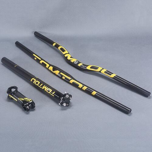 TOMTOU Mountain Bike Cycling Handlebar + Seatpost + Stem 3K Carbon Fiber Bicycle MTB Bar Sets Glossy Yellow - TS5T37
