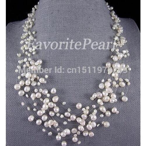 Pearl Necklace Bridesmaid Wedding Jewelry Multistrand Necklace Floating Illusion Genuine Pearl Jewelry 15 Strand 18-22.5inches