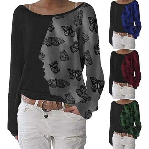 Women New Fashion Asymmetric Left and Right Printed Butterfly Round Neck Long Sleeve T-shirt