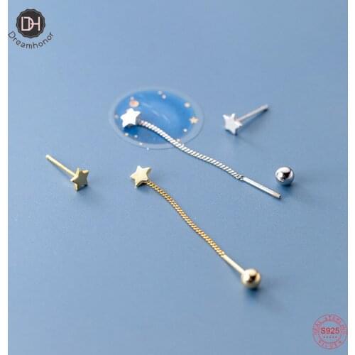 Dreamhonor Drop Shipping 925 Sterling Silver Long Chain Star Ball Stud Earrings For Women Birthday Gifts