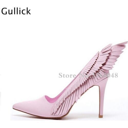 2018 Novelty 11 CM High Heel Women Pumps Latest Wings Pink Khaki Pointed Toe Shallow Women Party Dress Shoes Real Photos