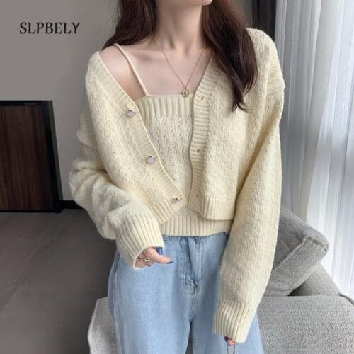 SLPBELY Women Two Pieces Sweater Set Spring Autumn Casual Loose V-Neck Cropped Cardigan and Knitte Tube Tops Korean Knitwears