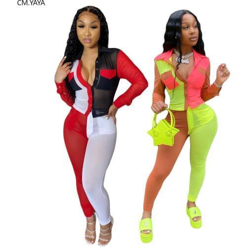 CM.YAYA Women Sport Mesh Transparent Two Piece Set Patchwork Blouse Pencil Jogger Sweatpants Suit Tracksuit Matching Set Outfits
