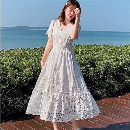 Hollow Out Summer Dress Women Cotton White Long Dress A-Line High Waist Beach Dress Short Sleeve V-Neck Vintage Loose 2020 B209