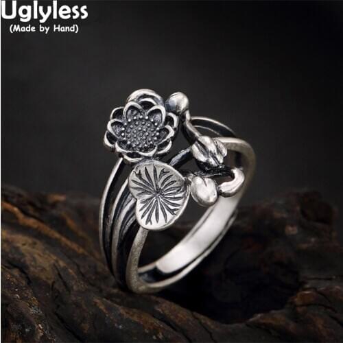 Uglyless Lotus Pond on your Fingers Ethnic Thai Silver Rings for Women Retro 925 Silver Lotus Flowers Open Ring Eastern Beauty