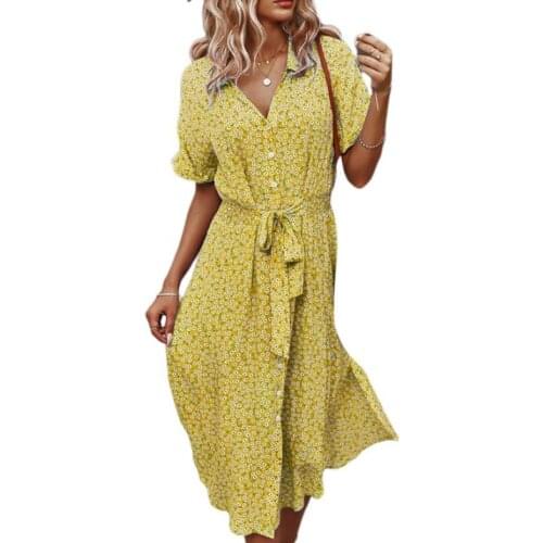 Womens Button Down Midi Dress, Short Sleeve Floral Print Belted Loose Shirt Dress