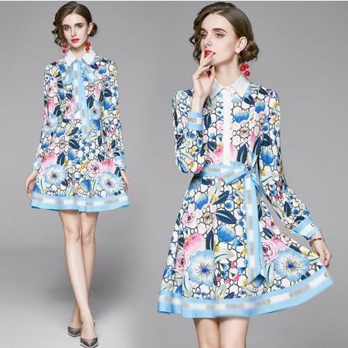 England Style Elegant Fashion Letter Floral Print A-Line Midi Dress Turn-down Collar Empire Waist Vintage Women Dress 2020 Fall