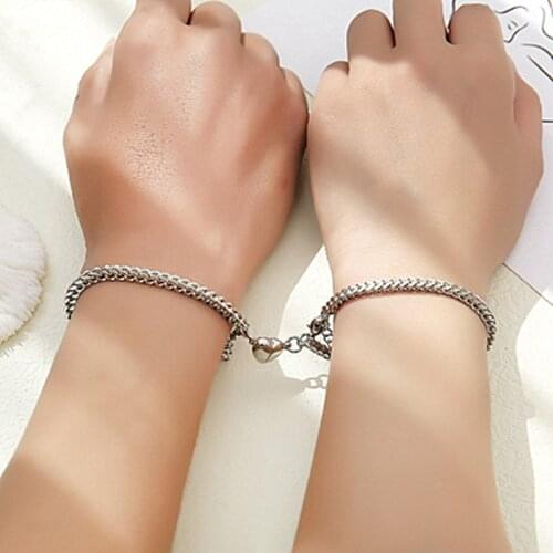 2Pcs/Set Heart shaped Magnet attraction Bracelet for couples Stainless steel Cuba chain mens and womens charm Jewelry gifts