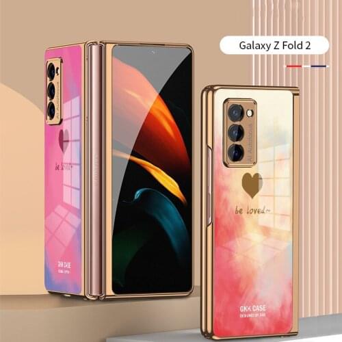 Luxury Plating Glass Case For Samsung Galaxy Z Fold 2 Phone Case Love Pattern Hard Plastic Cover For Galaxy Fold 1 Fundas