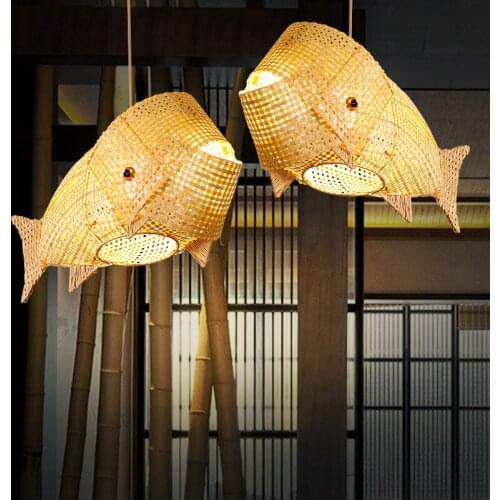 Carp lamp bamboo and wood chandelier, suitable for lighting, restaurant, garden, dining room, living room, manual chandelier