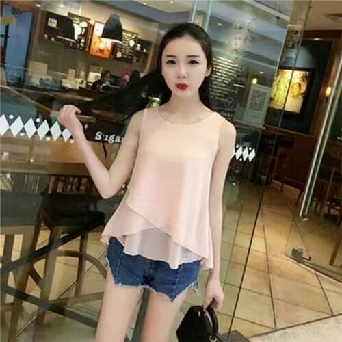 Summer 2021 New Arrival Korean Baby Shirt Double Layer Womens Chiffon Shirt Loose Oversized Round Neck Small Shirt Casual Top