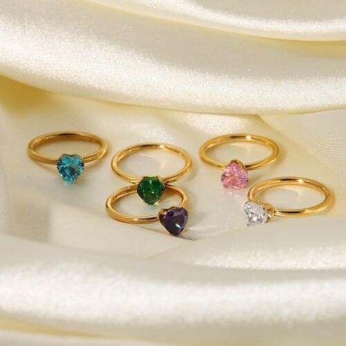 Stainless Steel Heart Shape Multiple Color Zircon Rings For Women Girls Vintage Elegant Rings Waterproof Jewelry