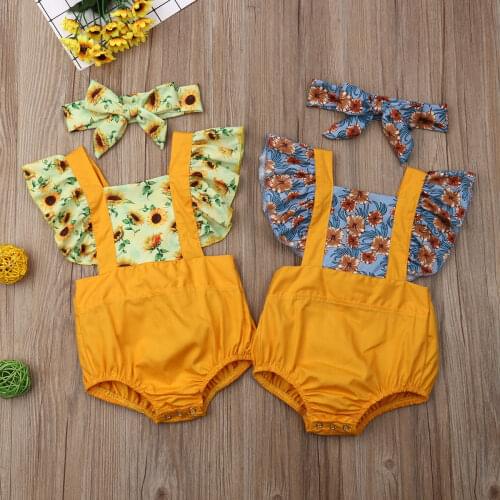 Citgeett Summer 2PCS Cute Infant Baby Girls Sunflower Bodysuit Jumpsuit+Headband Clothes Cute Outfits