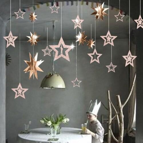 Creative Hollow Mirror Paper Star Pendant Blue Garland Flash Banner Birthday Wedding Party Favor Baby Shower Curtain Decoration
