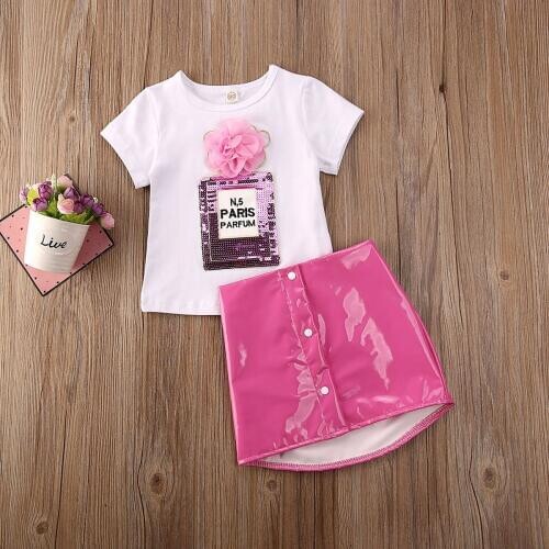 Summer Toddler Kids Baby Girl Clothes 3D Flower Tops Tee PU Leather Skirt Outfit Sunsuit Pricness Girls Clothing