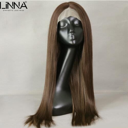 LINNA 24 Inch Synthetic Lace Front Wig Long Straight With Baby Hair Cosplay Wig For Women Brown Color Heat Resistant Wig