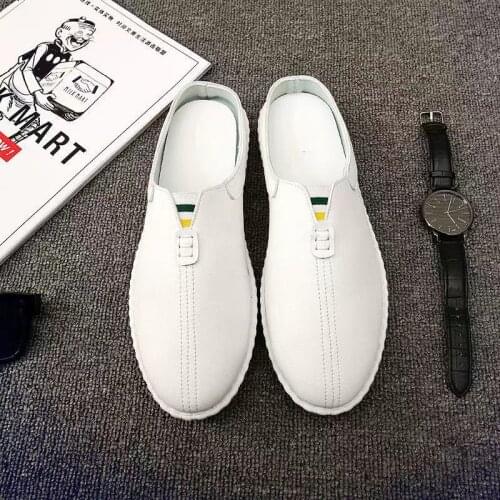 Mens slippers summer half drag pea leather mens driving shoes penny loafers mens moccasin shoes mens mules Tenis Masculino