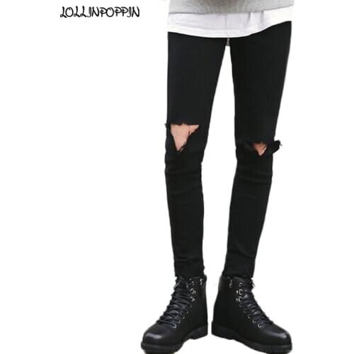 Knee Broken Mens Black Skinny Jeans Korean Fashion Slim Fit Men Elastic Denim Pants With Holes