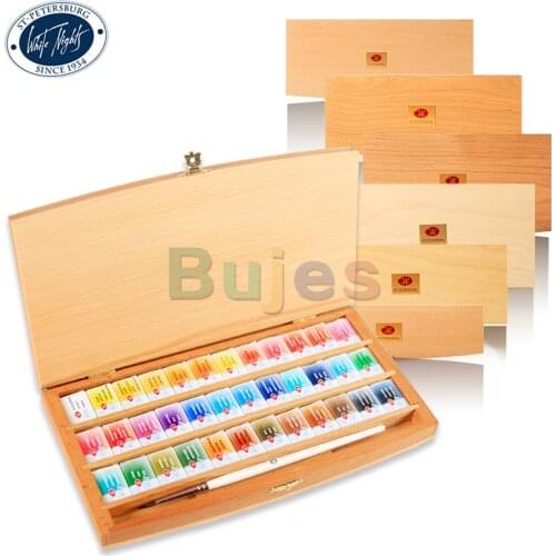 12 24 38 48 Watercolor Paint Set WHITE NIGHTS Extra Fine Gift Birch Box Russian,2.5 ml pans,with Siberian squirrel brush