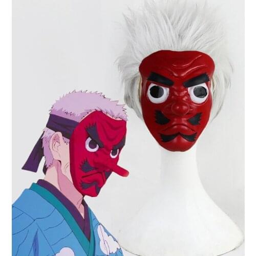 Urokodaki Sakonji Wig Mask Demon Slayer Kimetsu no Yaiba Cosplay Silver Gray SyntheticShort Hair Latex Tengu Mask Halloween Prop