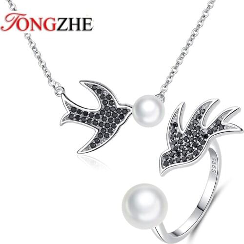 TONGZHE Black Agate Swallows 925 Sterling Silver Cute Open Pearl Bird Necklace Ring Set Party Female Lucky Gifts Jewelry Set