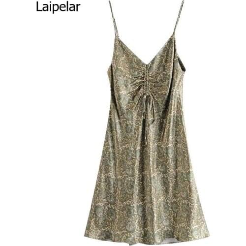 Women 2021 Chic Fashion With Bow Paisley Print Cozy Mini Dress Vintage V Neck Adjustable Straps Female Dresses