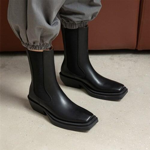 QZYERAI 2021 New Genuine Leather Mature Chelsea Boots Platform Thick High Heel Elastic Band Winter Shoes Women Vintage