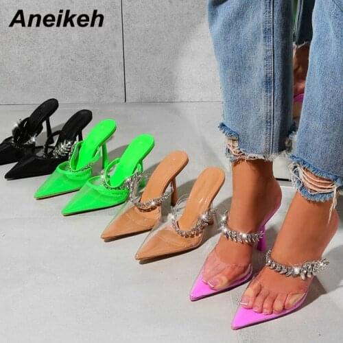Aneikeh Summer Shoes For Women 2021 NEW Sexy PVC Thin Heels Pointed Toe Pumps Crystal Fashion Bling Mules Solid Slip-On Shallow