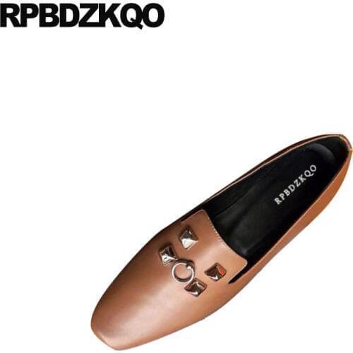 Ladies china designer shoes women luxury 2018 black flats slip on loafers brown size 34 square toe stud fitness brand rivet