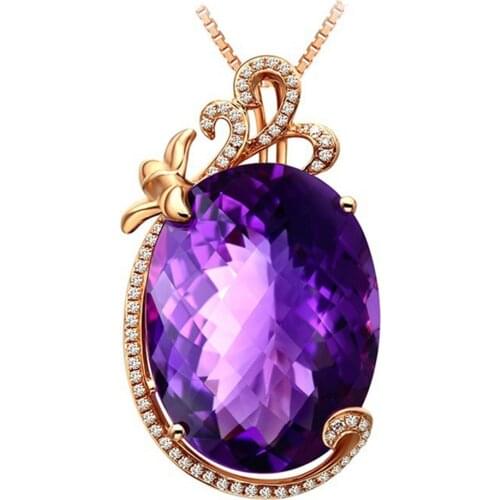 Big Amethyst Pendant Necklace For Women Purple Crystal Gemstone 18k Rose Gold Color Zircon Diamonds Luxury Jewelry Party Gift