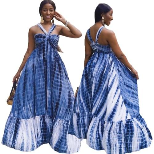 Fashion Dress Women Summer Bohemia Street Wear Sexy Strapless High Waist Print Blue Strap Maxi Dresses Wholesale Dropshipping