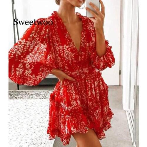Women dresses Sexy v-neck backless dress printed Elegant lantern sleeve ruffle dresses summer holiday mini dress Vestido 2020