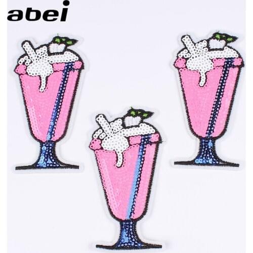 10pcs Sequined Drinks patch Embroidered Ice Cream Stickers for jeans bags coats sweater shirt Iron On Fabric Appliques Badge